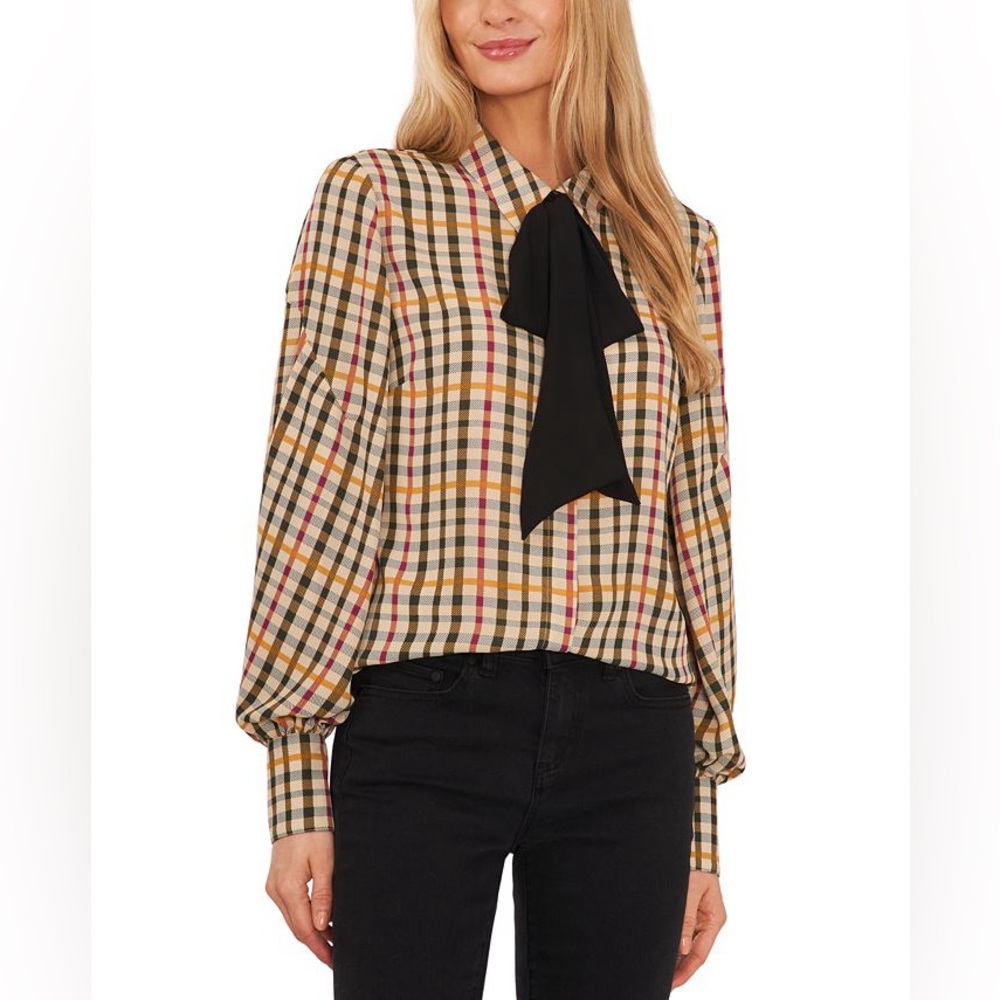 CeCe Button-Up Bow-Neck Blouse - Size XS